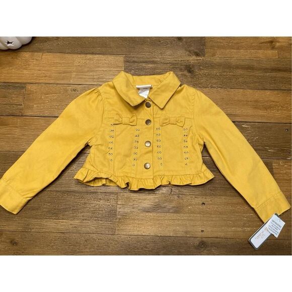 Little Lass 3T NWT mustard yellow cropped denim jacket ruffles bows - Picture 1 of 5